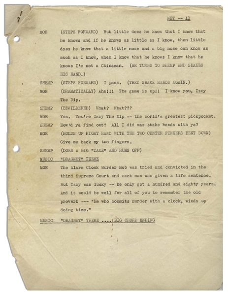 Moe Howard's 11p. Script From August 1953 for a ''Three Stooges Night Club Sketch'' Entitled ''Drag Out the Net'' -- For a Las Vegas Performance, With a Note to ''LOCALIZE'' -- Near Fine Condition